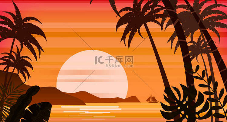 日落海滩棕榈树轮廓，夏季，热带