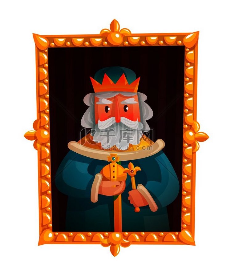 国王在皇冠上的卡通肖像与球体和