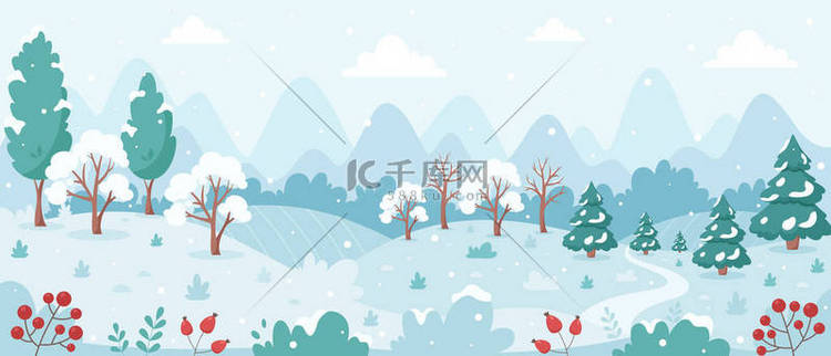多雪的冬季风景,有树木,高山,
