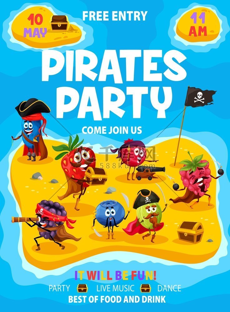 海盗派对传单岛上的卡通浆果海盗