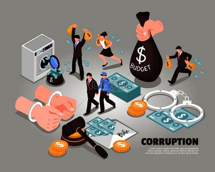 腐败等距矢量插图包括象征洗钱贿