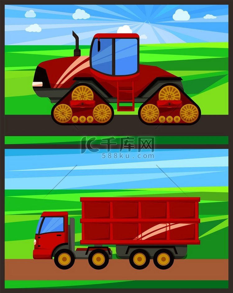 拖拉机和运粮车设置矢量农业机械