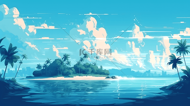 蓝色大海海浪海岛白云背景插画