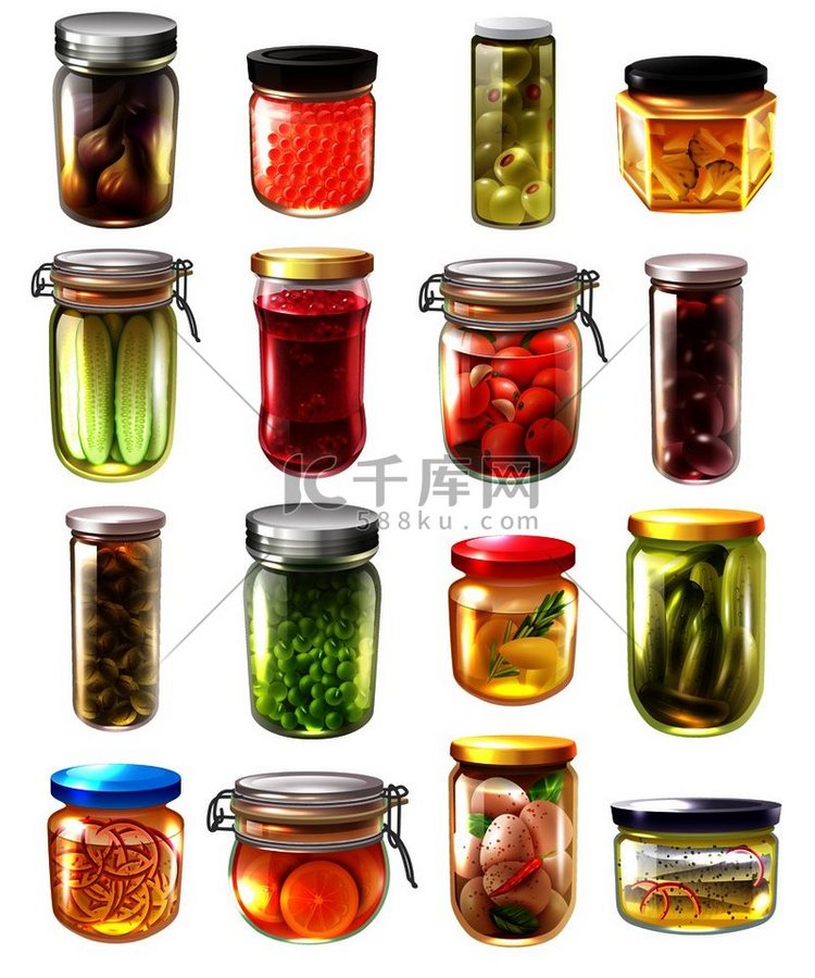 玻璃罐装罐头食品，配有果酱、腌