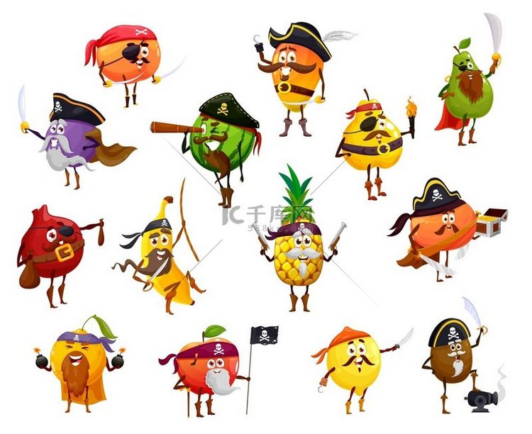 水果海盗、海盗船和海盗卡通人物