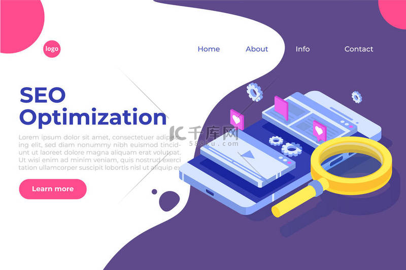 web seo 优化插图概念等轴测。着陆页模板。网页横幅、网页、横幅、演示文稿、社交媒体、文档、卡片