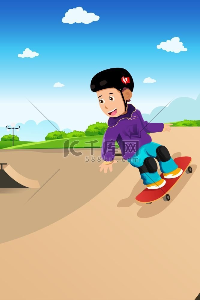 可爱男孩在滑板公园玩滑板的矢量