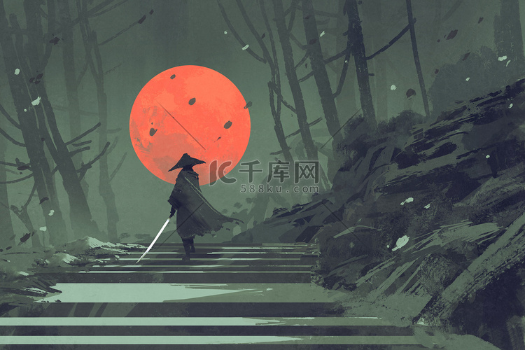 站在夜晚的森林里的楼梯上的武士