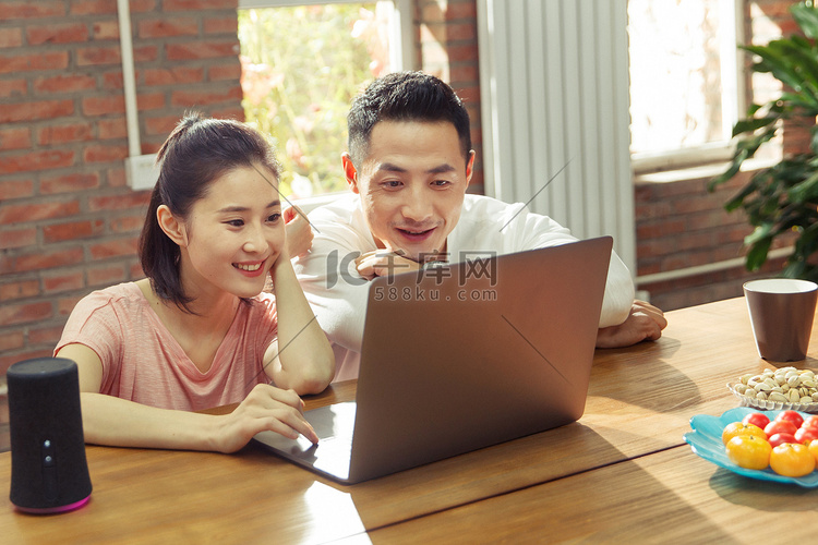 青年夫妇在家看电脑