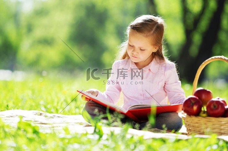 带着书的孩子在夏季公园野餐。公