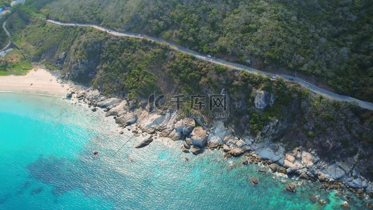 航拍三亚湛蓝海水盘山公路