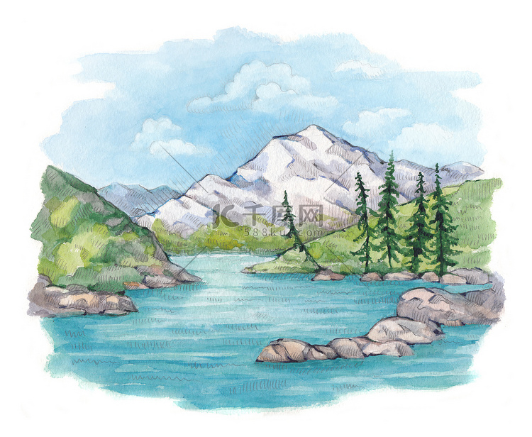 湖和山的水彩插图