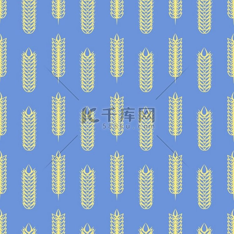 蓝色无缝图案上的黄色小麦。蓝色