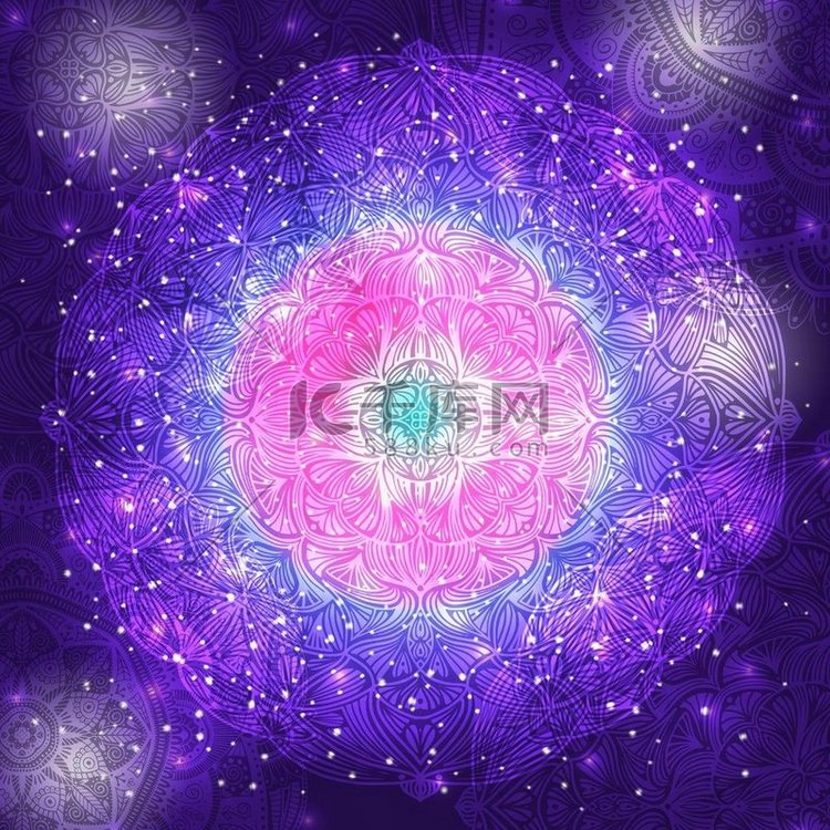 装饰花民族曼陀罗在紫色星系背景