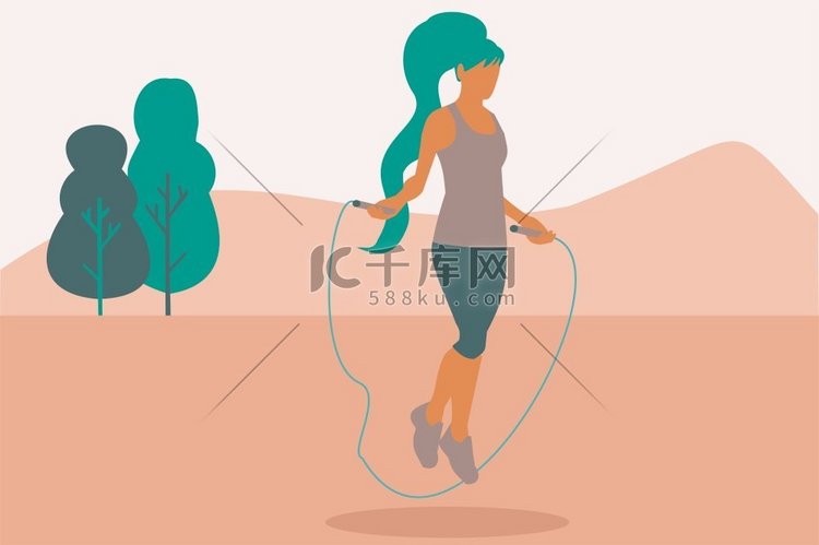 一个女人在公园跳绳的插图。健身