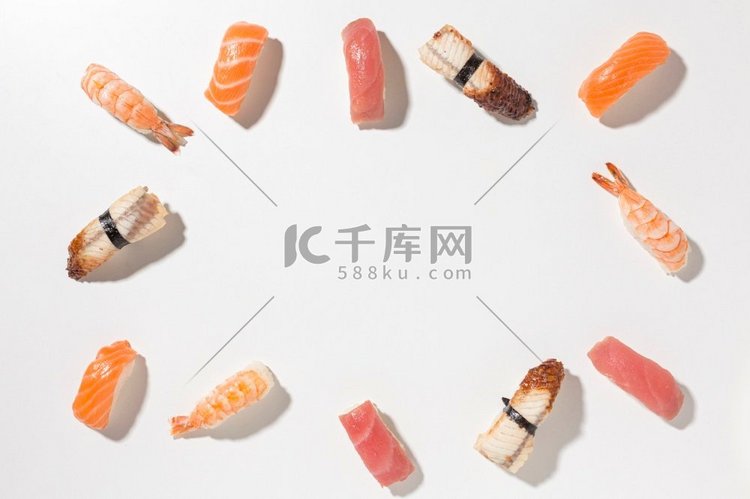 顶视图选择美味寿司与复制空间。