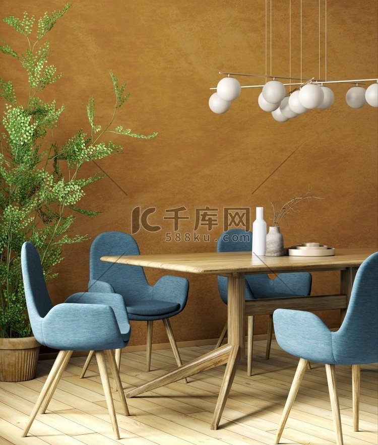 现代餐厅，木桌子和蓝色椅子的室