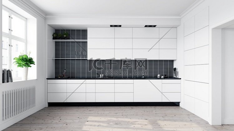 现代白色厨房内饰。3D渲染设计