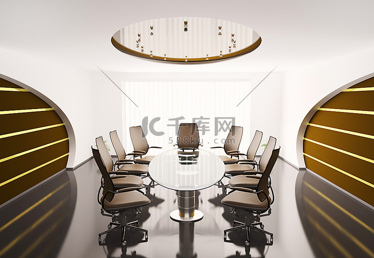 会议室与玻璃椭圆形桌子内部3D