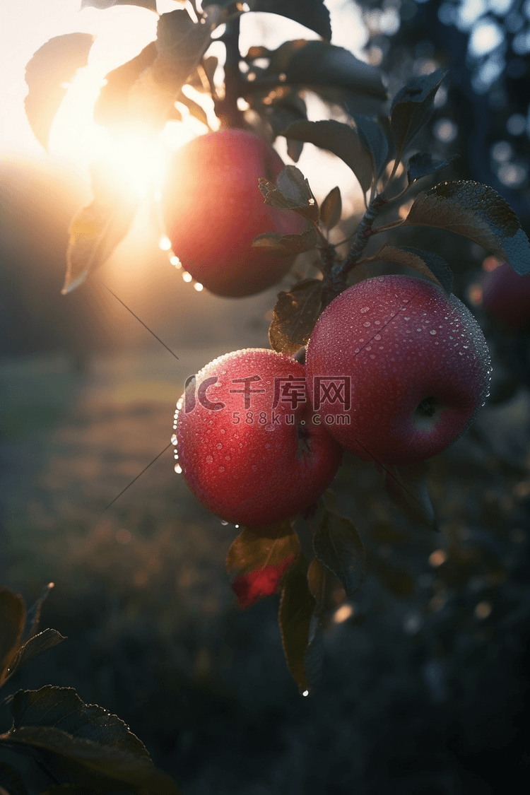 苹果园树枝上挂着闪闪发光的美味