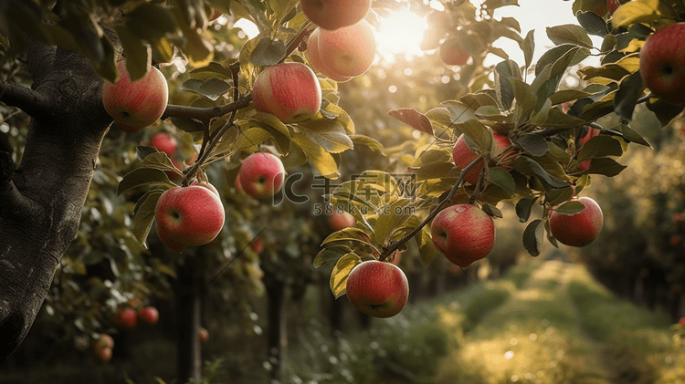 苹果在果园的树上开花阳光映衬着