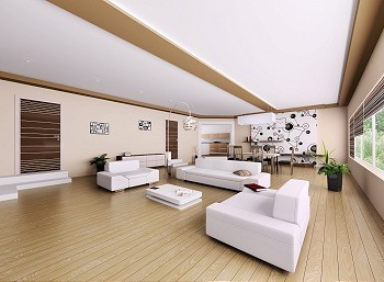 现代公寓、客厅内部的3D渲染