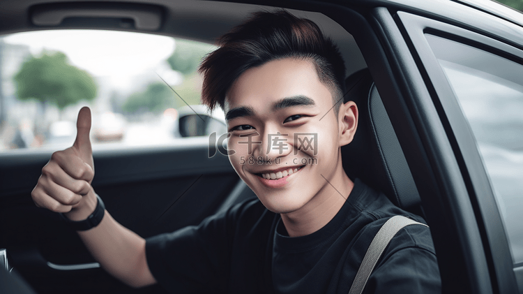年轻的亚洲帅哥微笑着，在他的车
