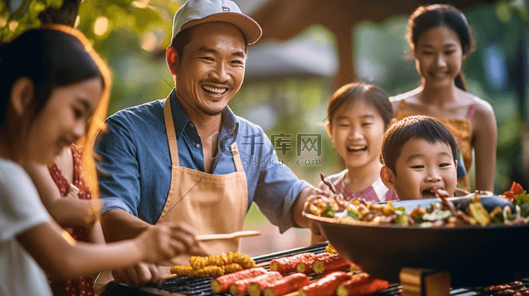 亚洲男人亚洲家庭野餐和烹饪在花