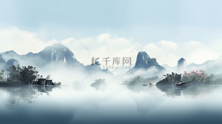 水纹中国风水墨山水插画海报背景