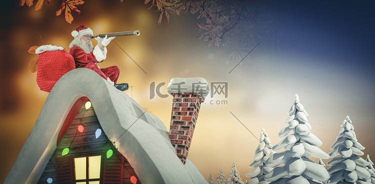 圣诞老人坐在小屋屋顶上的合成图
