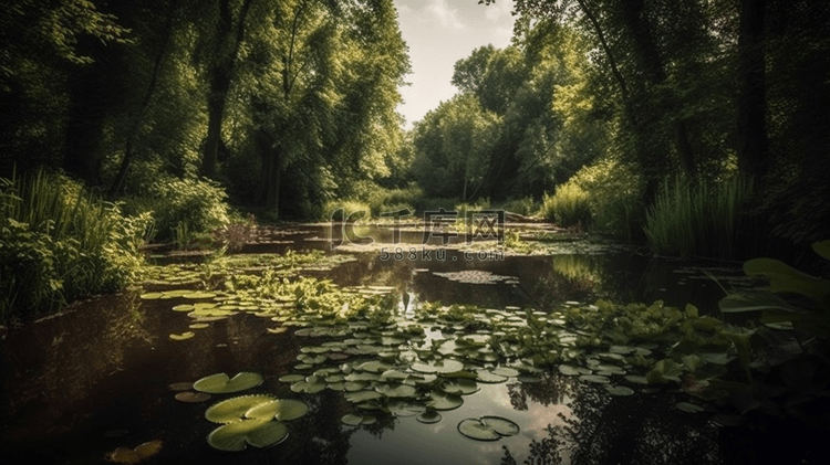 白天绿树环绕的池塘美景