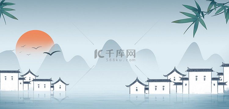 中国风徽派建筑浅色水墨海报背景