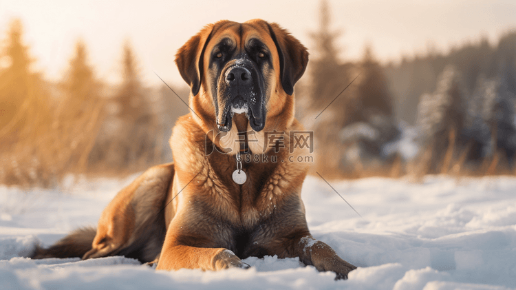 棕色和黑色的大狗坐在积雪覆盖的