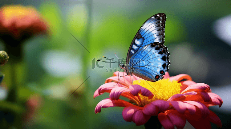 一只蝴蝶坐在一朵蓝色的花朵上