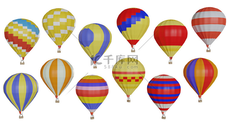 一组五颜六色的热气球漂浮在白色