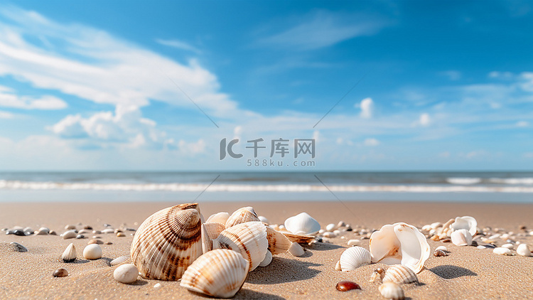 沙滩贝壳夏季沙滩蓝色背景