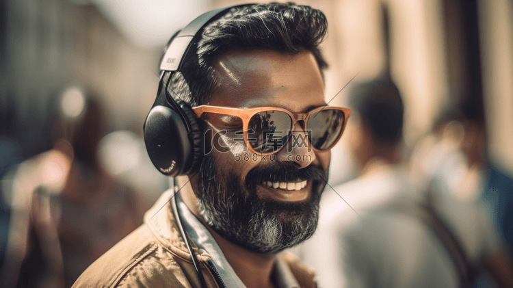 技术,休闲人的印度男子耳机听音