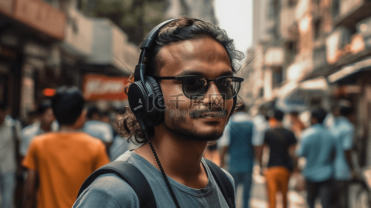 技术,休闲人的印度男子耳机听音