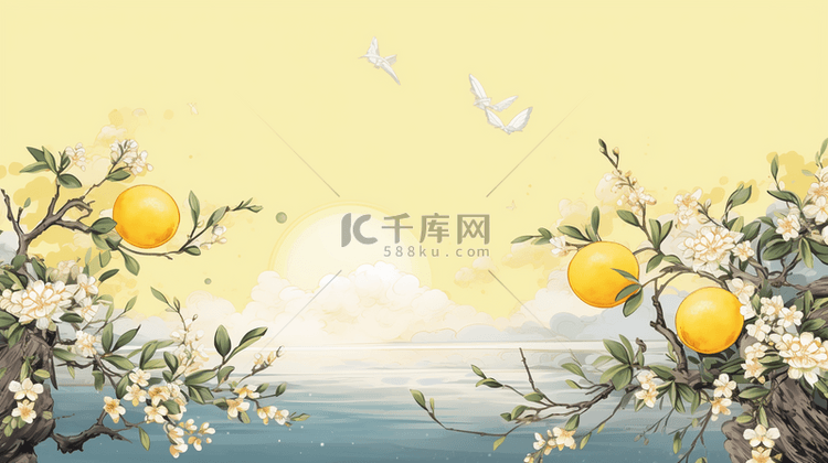 中秋节桂花树赏月边框背景9