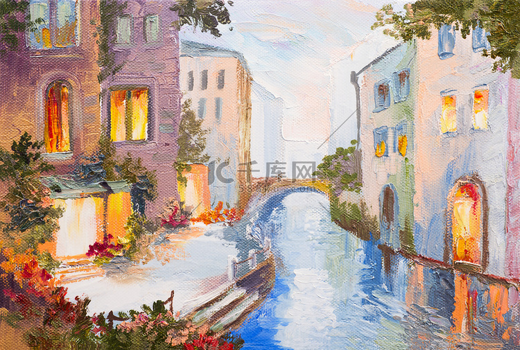 油画-运河在威尼斯，意大利，现