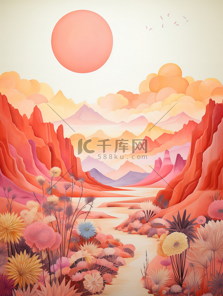 山脉太阳暖橙色水彩背景18