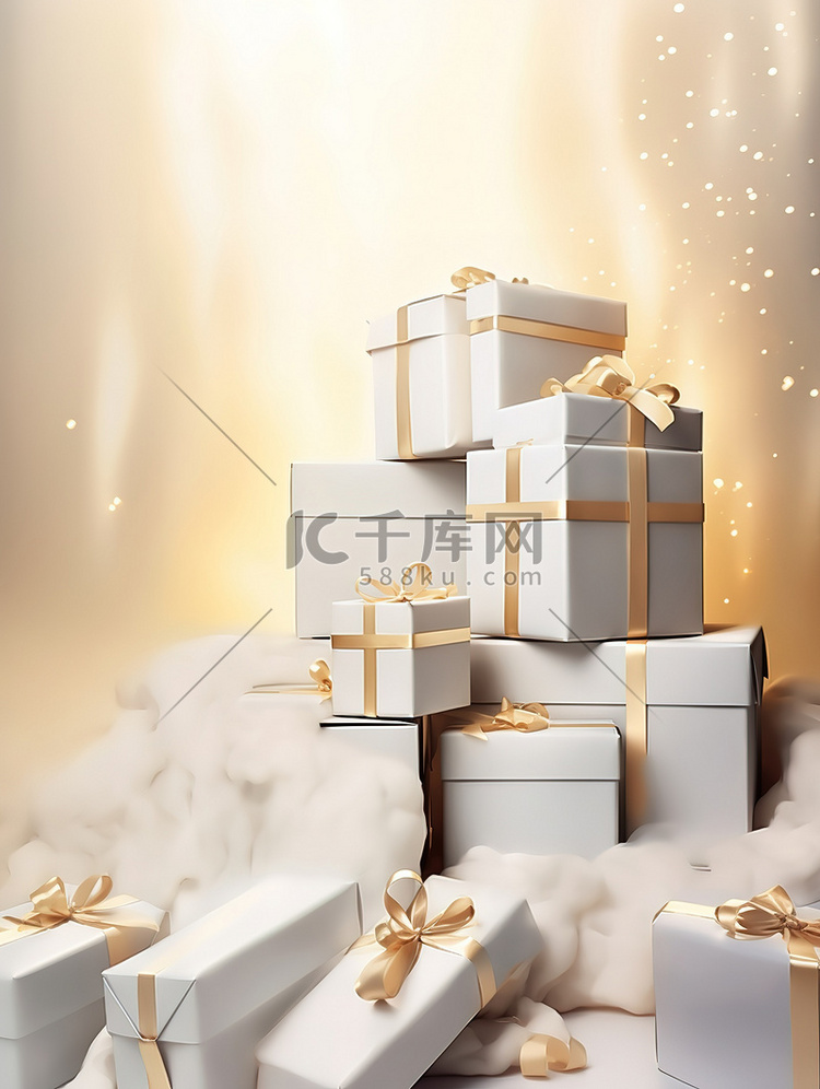 白色礼盒金色丝带节日背景5