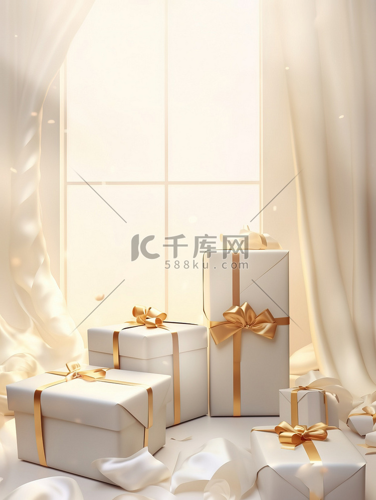 白色礼盒金色丝带节日背景10