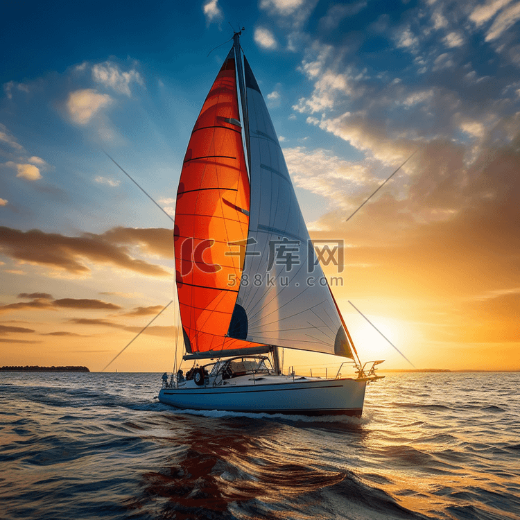 夕阳下的帆船帆船、游艇、比赛的