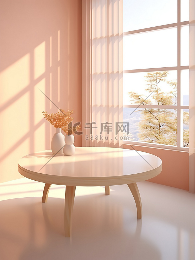 浅粉色房间简约桌子阳光光影2