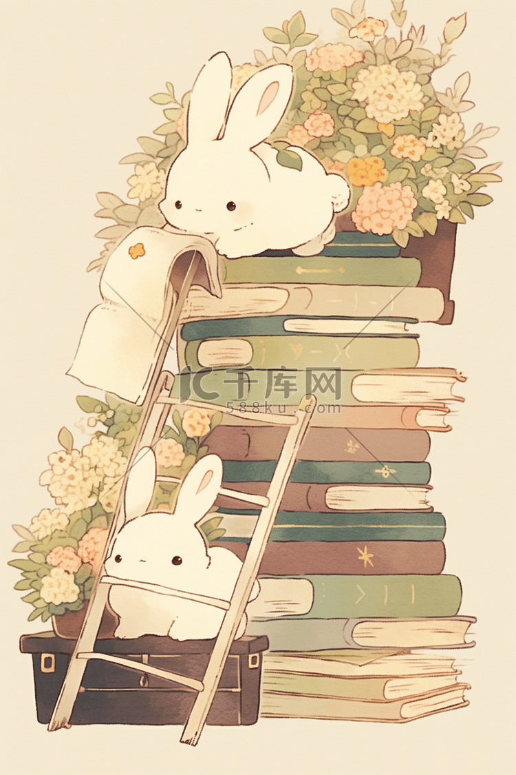 两只可爱的小兔子在阅读