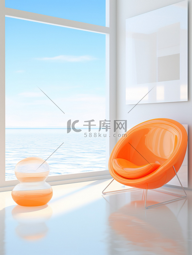 橙色椅子的3D白色房间18