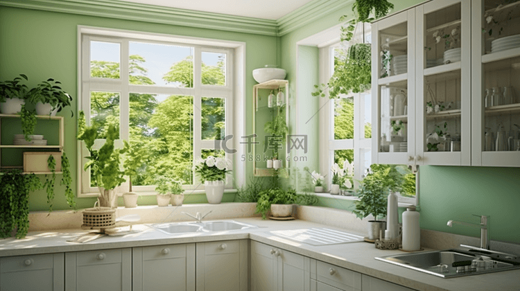 清新绿色厨房室内空间场景