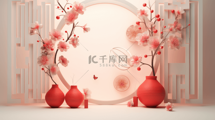 春节古典圆窗鲜花装饰C4D背景12