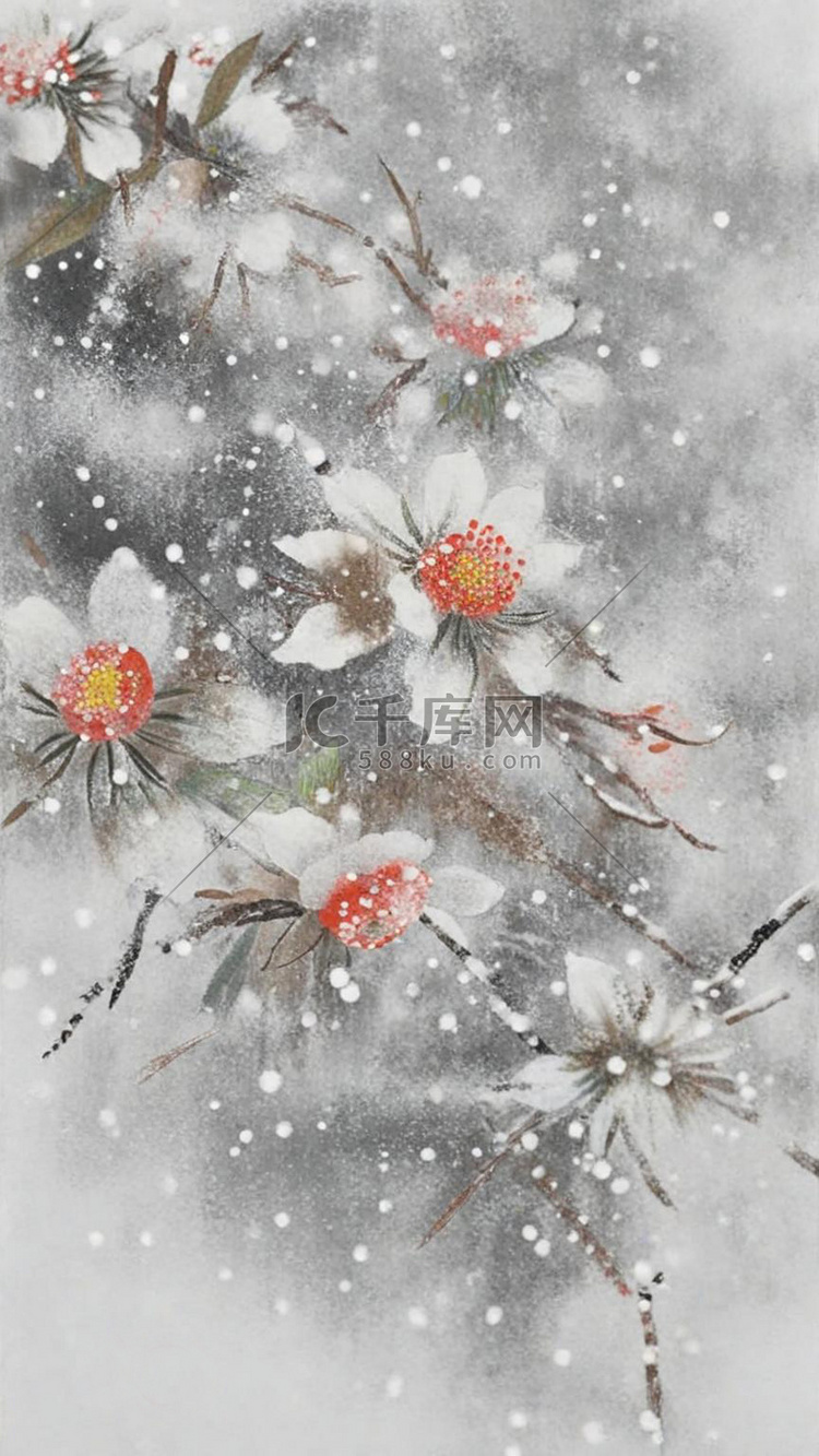 国风冬天雪景大雪中的花枝意境背